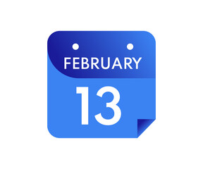 February 13 Date on a Single Day Calendar in Flat Style, 13 February calendar icon