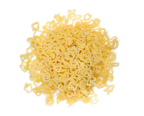 Children's macaroni on white background. Pasta in the form of different figures. 
