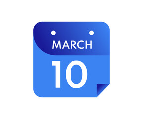 March 10 Date on a Single Day Calendar in Flat Style, 10 March calendar icon