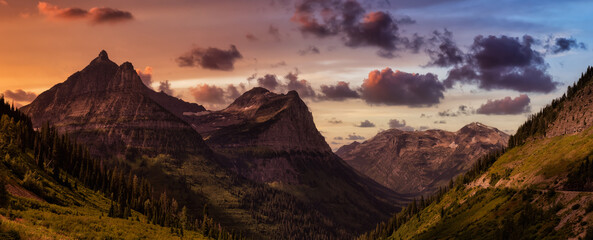 Beautiful Panoramic View of American Rockies from a viewpoint. Dramatic Sunset Sky Art Render. Taken in Glacier National Park, Montana, United States of America.