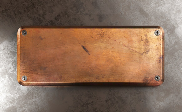 Empty Copper Metal Plate On Rust Background. 3d