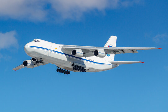 Moscow, Russia - March 26, 2019: Aircraft Antonov An-124 RA-82038 of Russian Federation Air Force against blue sky in sunny morning going to landing at Vnukovo international airport in Moscow