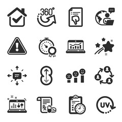 Set of Business icons, such as Best result, Sms, Web analytics symbols. Sound check, Thumb down, Teamwork signs. Exam time, Customer satisfaction, 360 degrees. Uv protection, Swipe up. Vector