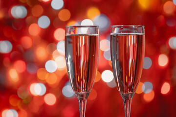 Champagne glass close up on Christmas and New Year holiday bokeh background. Two glasses with bubbly tasty sparkling drink. Happy New Year! Celebrating winter holidays, 4K, close up, macro