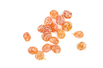 Sugar coated kumquats dried fruits isolated on white background