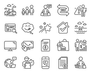 Business icons set. Included icon as Financial documents, Buyer, Bike rental signs. Vip shopping, Computer mouse, 360 degree symbols. Computer, Business hierarchy, Message. Yummy smile. Vector