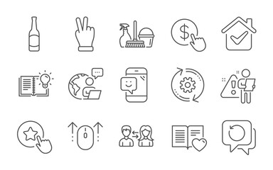 Buy currency, Recovery data and Love book line icons set. Smile, Household service and Victory hand signs. Swipe up, Loyalty star and Beer symbols. Line icons set. Vector