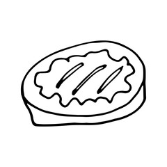Hand drawn vector pumpkin or apple dessert, pie, cake for fall greeting cards, posters, recipe, culinary design. Isolated on white background. Cute colorful summer illustration.