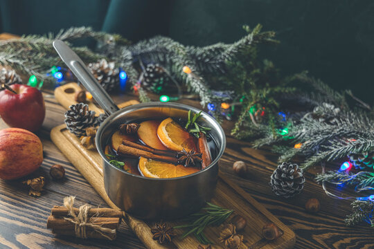 Christmas mulled red wine with the addition of spices and citrus fruits