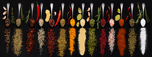 Various spice and herbs on dark background