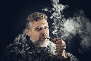 Obraz premium Solid bearded man in a fur mantle smoking pipe