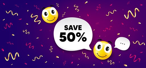 Naklejka premium Save 50% off. Smile face with speech bubble. Sale Discount offer price sign. Special offer symbol. Smile character with confetti. Discount speech bubble icon. Yellow face background. Vector