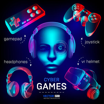 Cybersport games icons set - abstract VR helmet with glasses, headphones, gamepad, joystick and robot face. Outline vector illustration of different stuff for retro games in 3d neon line art style