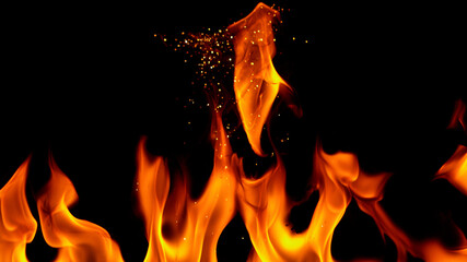 fire flames with sparks on a black background, close-up