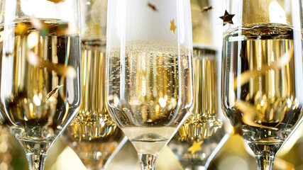 Fototapeta na wymiar Champagne Flutes with Bubbles on Golden Light Background, Close-up.