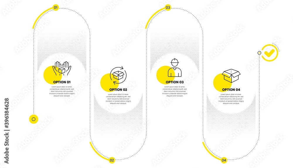 Poster return parcel, engineer and hold box line icons set. timeline process infograph. open box sign. exch