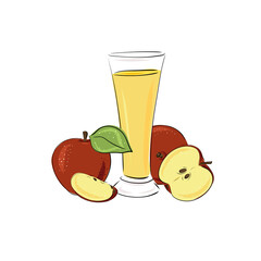 Glass with apple juice, a whole apple and slices. Smoothies on a white background. Beverages. Detox. Diet. Healthy lifestyle, food. Scribble. Hand drawn vector illustration. Sketch.
