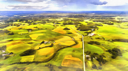 Flying over the farmland with cultivated fields