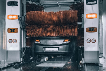 Service clean car. Carwash with water, soap. Hand vehicle auto from foam.