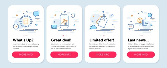 Set of Finance icons, such as Sale tags, Smartphone statistics, Calculator target symbols. Mobile screen app banners. Online shopping line icons. Discount labels, Mobile business, Audit. Vector