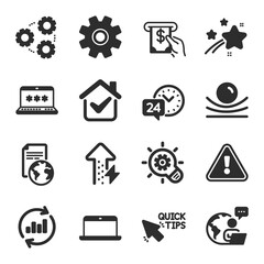 Set of Technology icons, such as Gears, Atm service, Laptop password symbols. Update data, Laptop, Translation service signs. Quick tips, Cogwheel, Elastic material. Energy growing. Vector