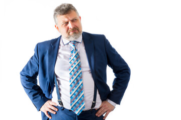 Business trainer emotional studio portrait on white background.