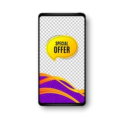 Special offer bubble sticker. Phone mockup vector banner. Discount banner shape. Sale coupon chat icon. Social story post template. Special offer badge. Cell phone frame. Vector