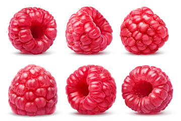 Set of 6 ripe raspberries isolated on white background