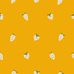 Modern white strawberry seamless pattern. Vector small berries on yellow background. Berry pattern design for textile, card and stationery. Fresh summer fruits. Bright hand drawing texture
