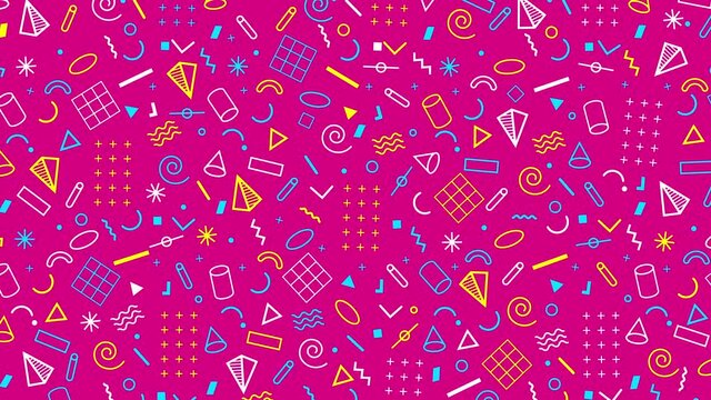 Abstract 4k animation of a retro pattern background with geometrical shapes and lines. 80s 90s Memphis style. Magenta, white, yellow and cyan color palette.