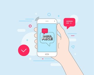 Special price symbol. Mobile phone with offer message. Sale sign. Advertising Discounts symbol. Customer service banner. Special price badge shape. Phone app speech bubble. Vector