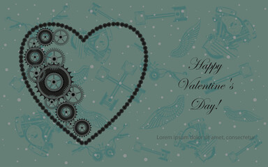 Vector image for Valentine's Day. Heart made of motorcycle chain and metal parts. Template for postcards, flyers, banners.