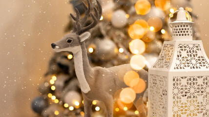 Christmas festive background, fir tree with bokeh lights. Fabulous deer on a bokeh, background for a postcard. New Year's lights.