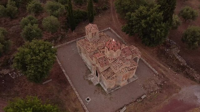 Aerial view of St. Samarina church in Messinia region at dusk