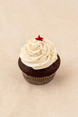 Chocolate muffin cake with light cream, close up