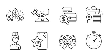 Vip phone, Timer and Accounting report line icons set. Winner ribbon, Organic tested and Judge hammer signs. Seo shopping, Doctor symbols. Quality line icons. Vip phone badge. Vector