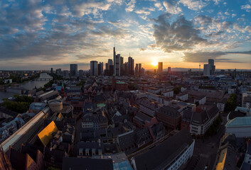 The city centre of Frankfurt am Main at sunset with the financial district in the background