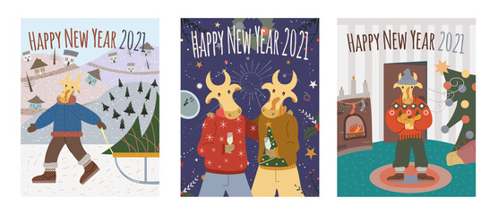 2021. Happy new year of the bull.Collection of cute flat scandinavian vector illustrations for card,poster,banner. Set of postcards for the year of the bull according to the Eastern Chinese calendar.