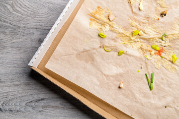 Used opened pizza box with stains and crumbs inside on table background. Top View. Home delivery and stay home concept.