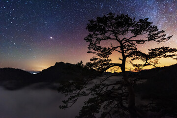 Fototapeta na wymiar A beautiful starry night in the mountains on top with beautiful scenery and fog. 