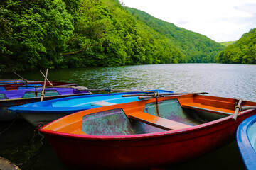 Obraz premium Small pleasure boats on the lake surrounded by greenery.