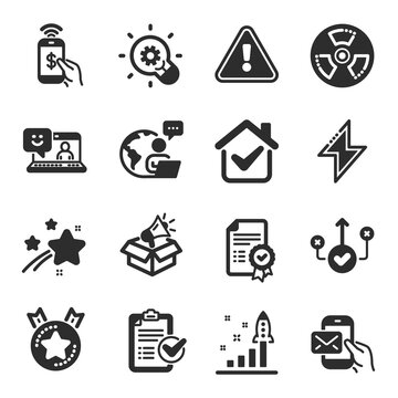 Set Of Technology Icons, Such As Messenger Mail, Smile, Phone Payment Symbols. Certificate, Ranking Star, Chemical Hazard Signs. Innovation, Energy, Development Plan. Survey Checklist. Vector