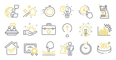Set of Science icons, such as First aid, Fast recovery, Time management symbols. 360 degrees, Time, Swipe up signs. Sunny weather, Microscope, Employees talk. Elastic, Certificate, Idea. Vector