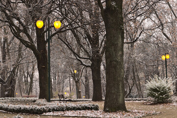 Illuminated with yellow lanterns, a city park covered with white snow