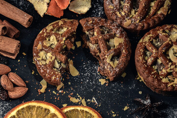 Cake chocolate pies on stone background.