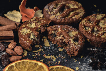 Cake chocolate pies on stone background.