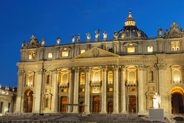 Fototapeta na wymiar Night view of empty St. Peter’s Square with St. Peter’s Basilica. Vatican City, 