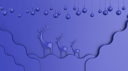 Christmas background with abstract deer and toys in blue tones, 3d render
