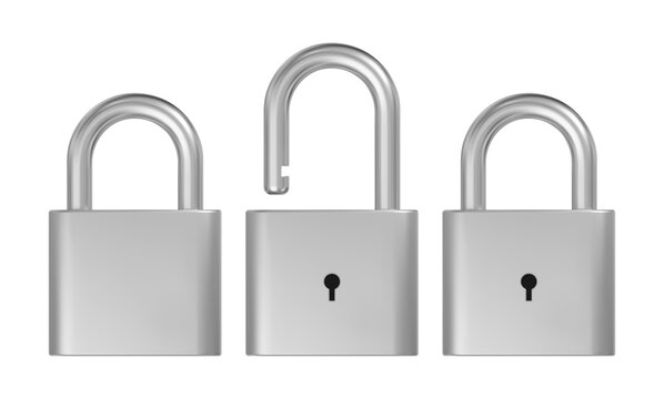 Opened and closed lock. Realistic silver metal padlock vector illustration.