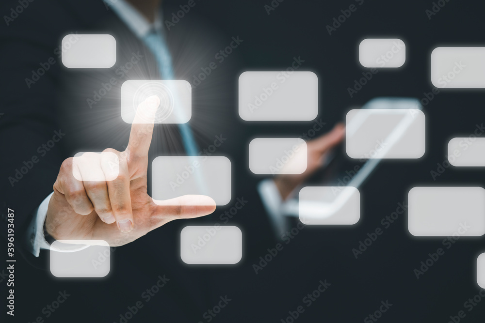 Poster businessman pushing touch screen button on the graph screen icon of media screen, technology process